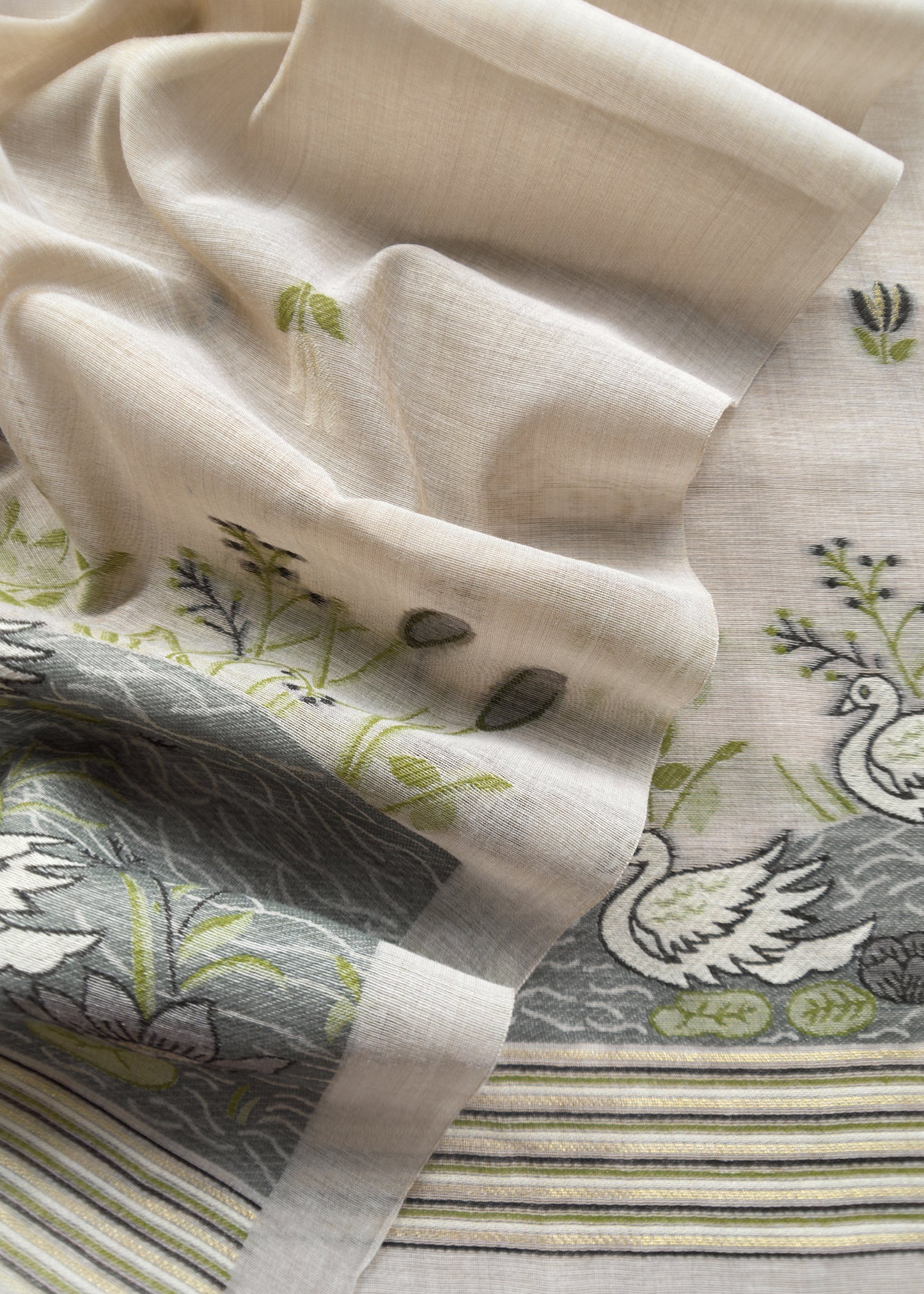 Chikoo Lotus And Swans Jamdani Suit In Linen Chanderi