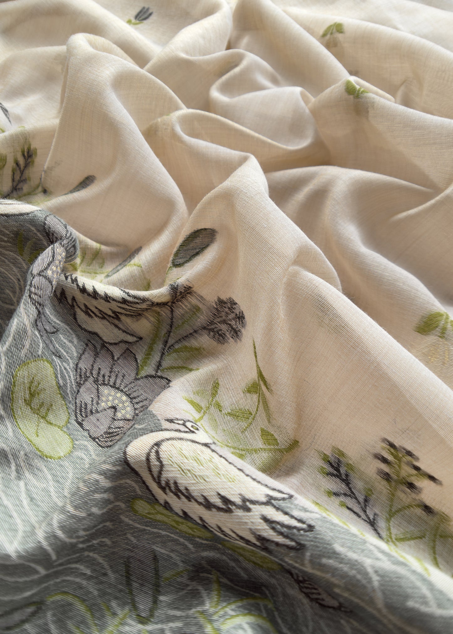 Chikoo Lotus And Swans Jamdani Suit In Linen Chanderi