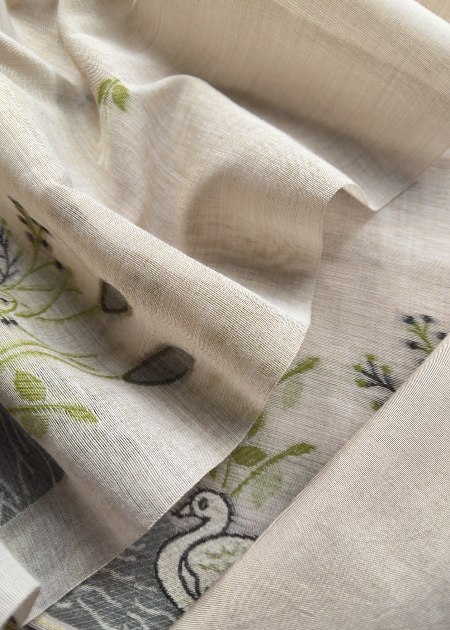 Chikoo Lotus And Swans Jamdani Suit In Linen Chanderi