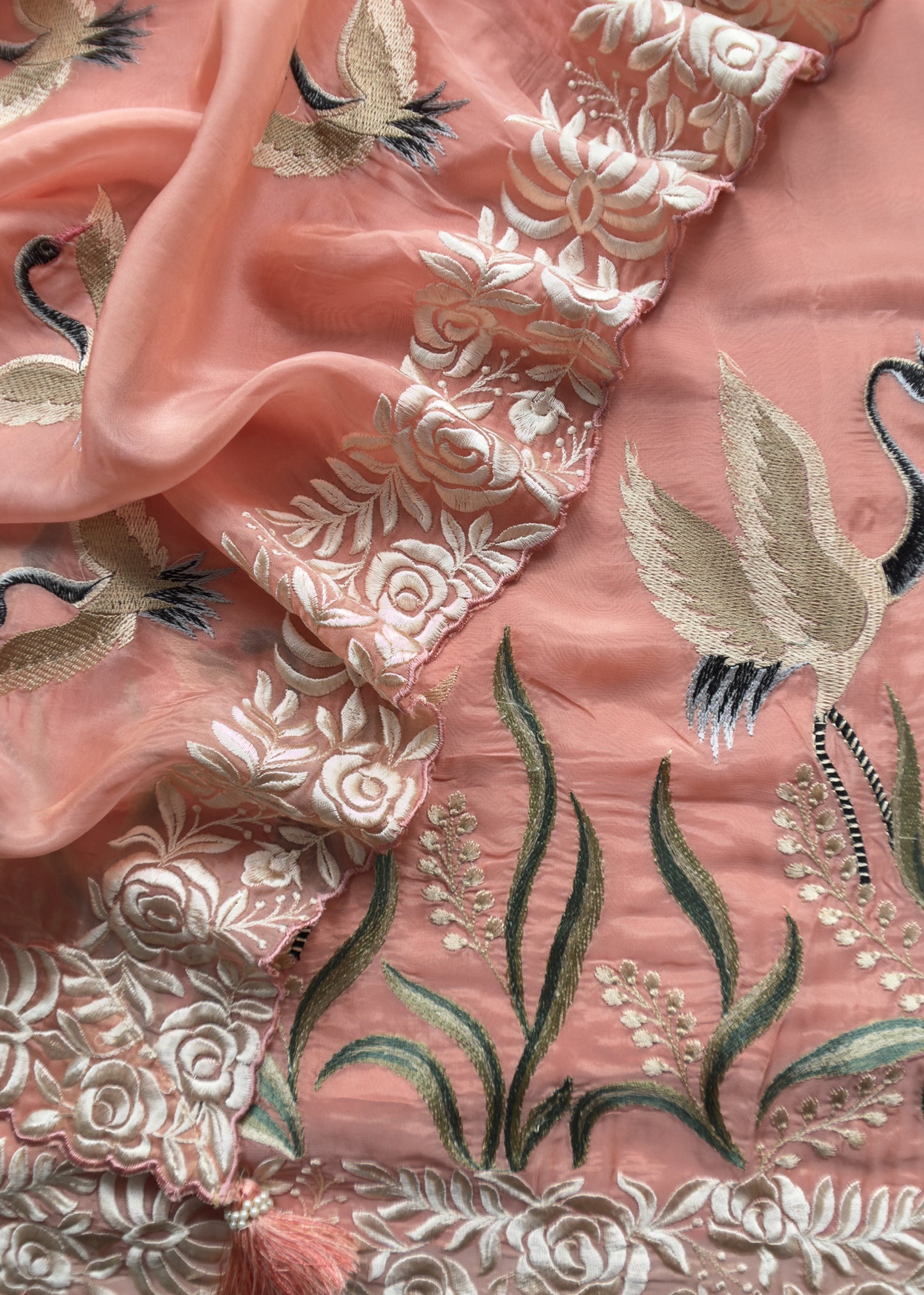 Gajri Flamingo Organza Georgette Suit Fabric With Resham Embroidery