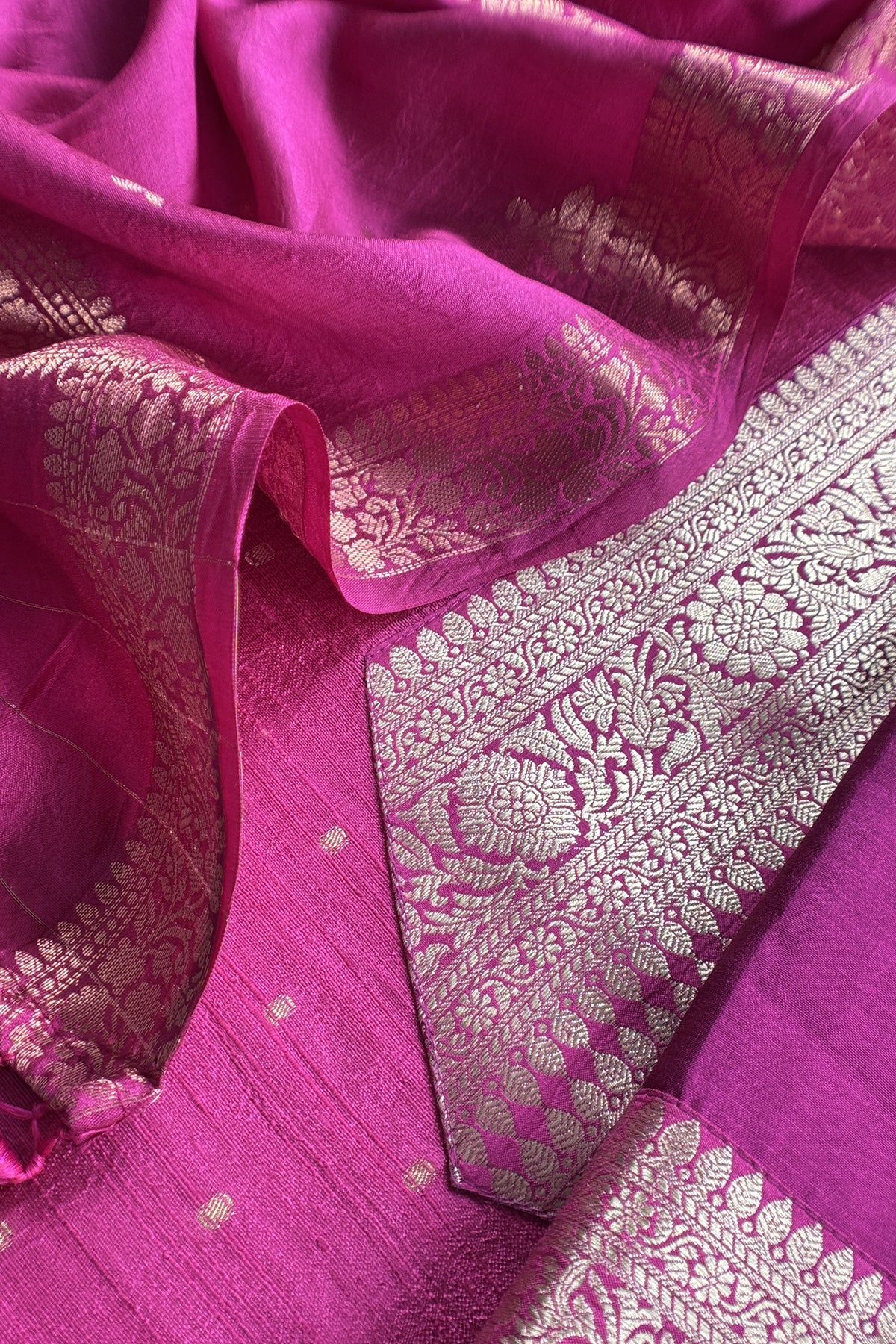 Magenta Pink Pure Raw Silk Suit With Silk Floral Dupatta