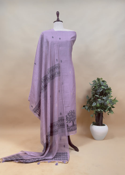 Lavender Linen Chanderi Suit Fabric With Traditional Jamdani Weaving