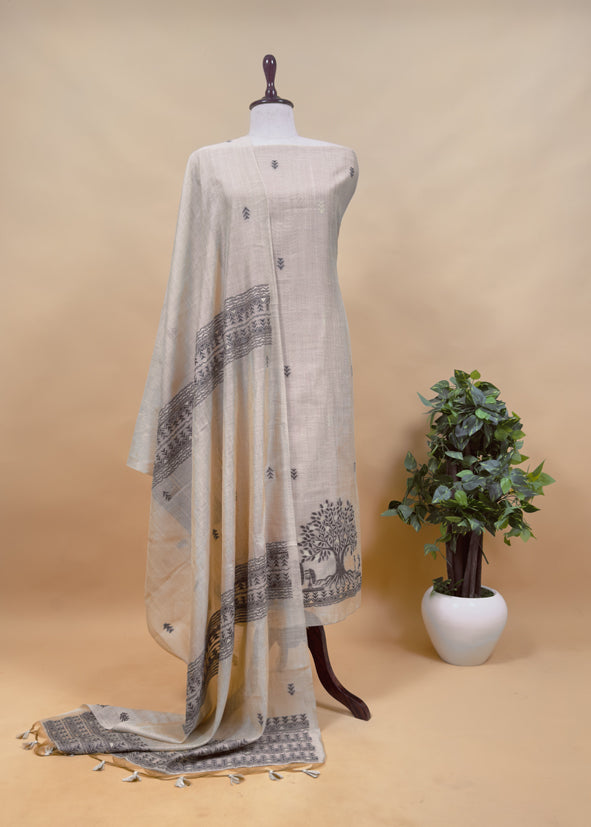 Light Blue Linen Chanderi Suit Fabric With Traditional Jamdani Weaving