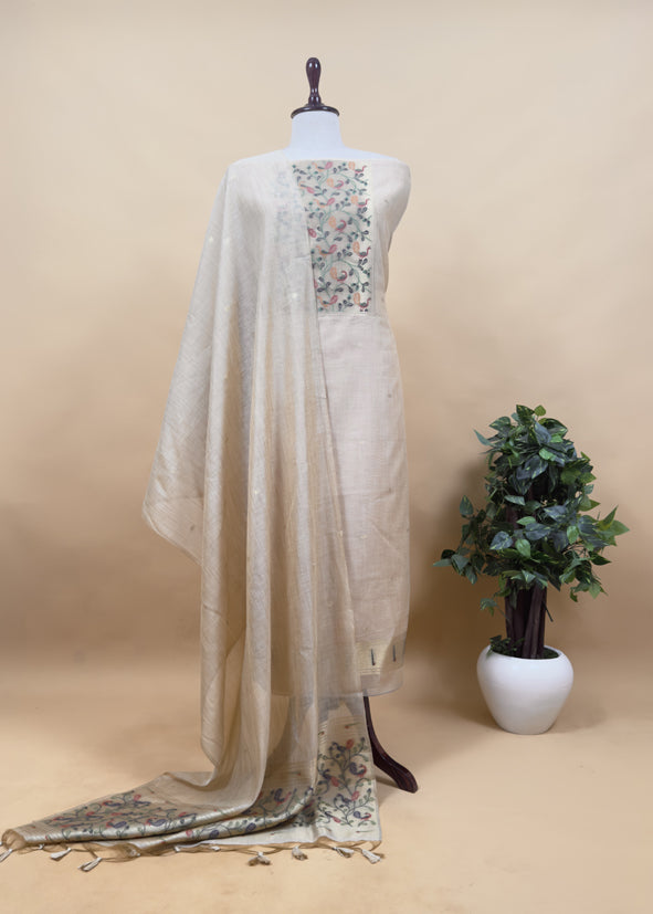 Lilac Mor Paithani Style Jamdani weaving Suit in Linen Chanderi fabric