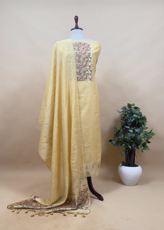 Light Blue Mor Paithani Style Jamdani weaving Suit in Linen Chanderi fabric