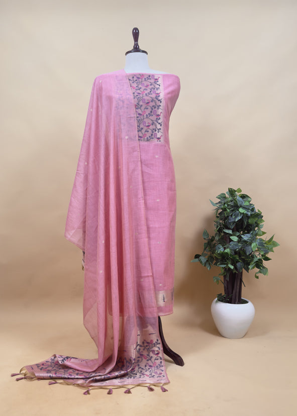 Lilac Mor Paithani Style Jamdani weaving Suit in Linen Chanderi fabric