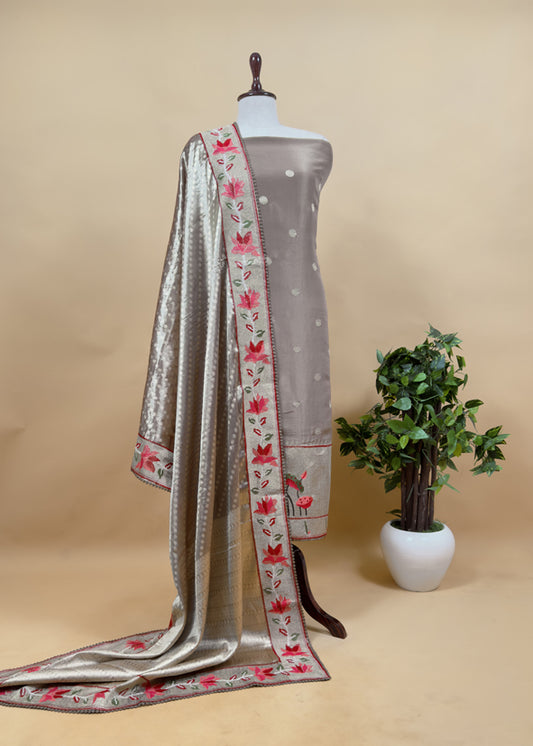 Luxe Golden Brown Handloom Self Tissue Silk Suit And Silk Dupatta With Paithani Weaving