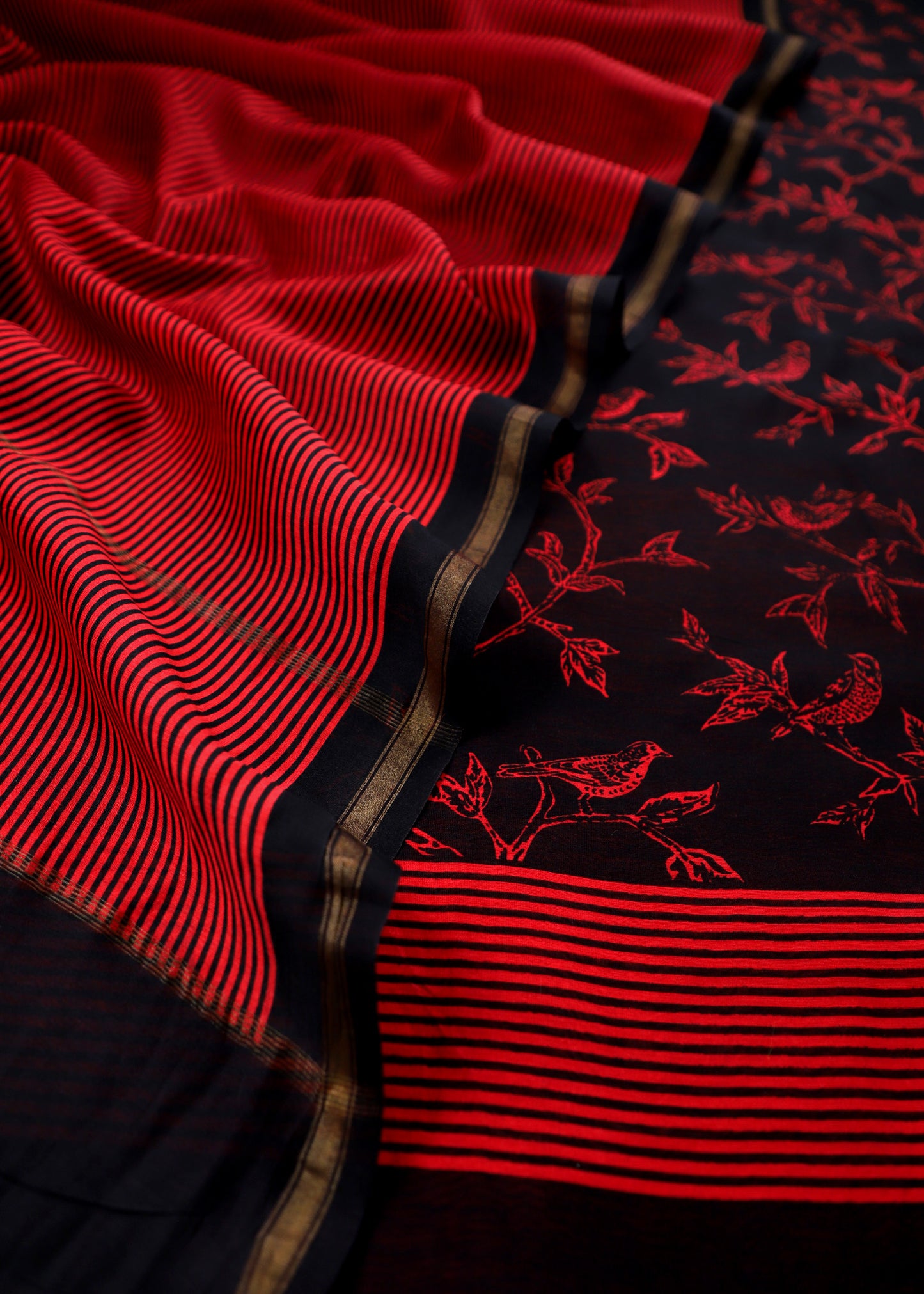 Black Block Print Maheswari Silk Suit With Red Dupatta