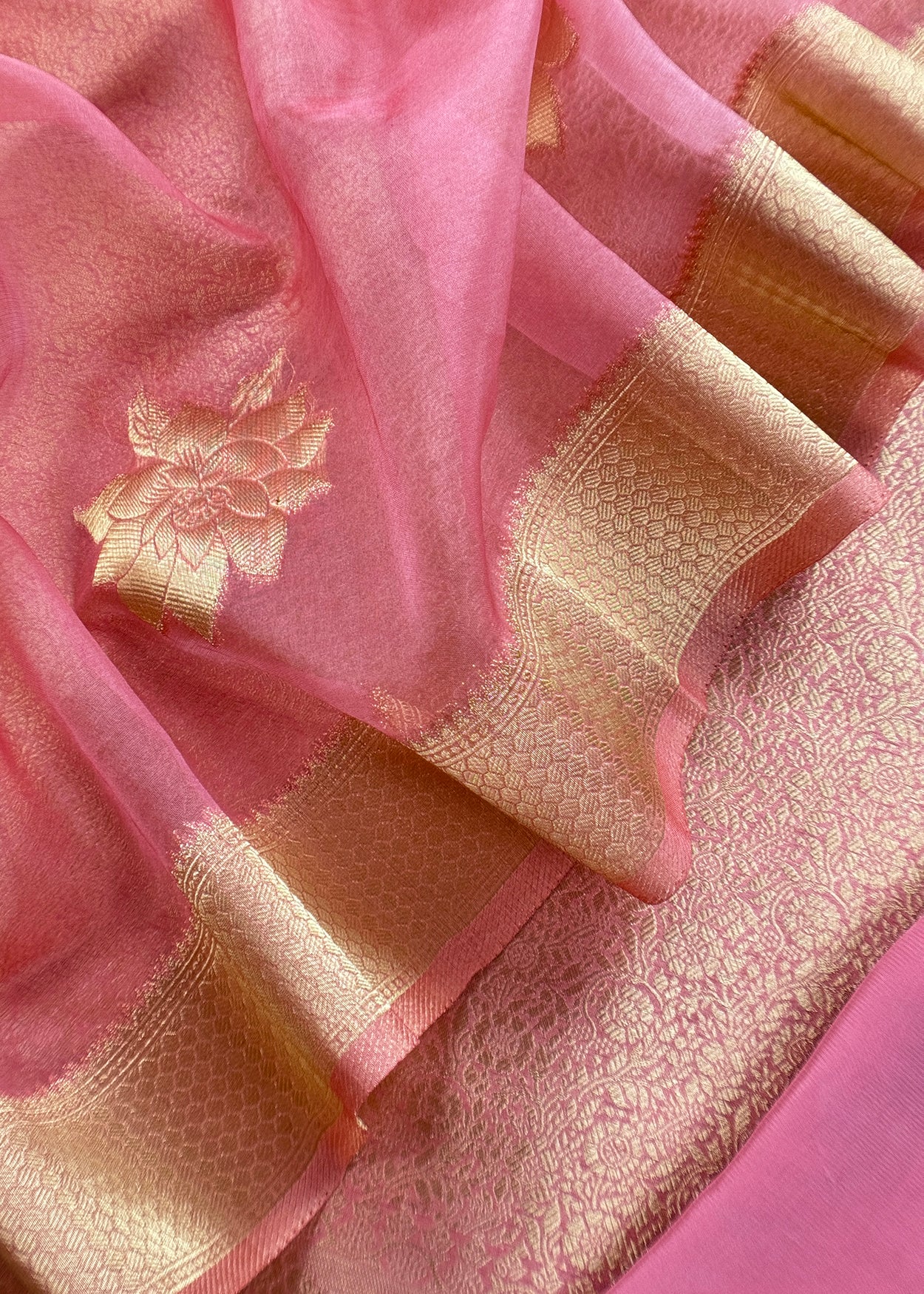 Pink Designer Pure Brocade Silk Kurta And Organza Dupatta