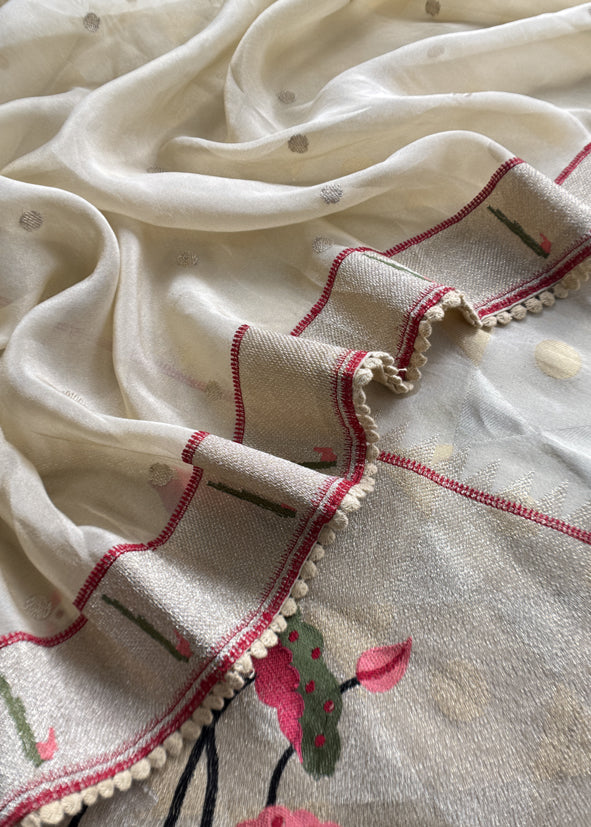 Luxe Cheeku Beige Handloom Self Tissue Silk Suit Fabric With Paithani Weaving