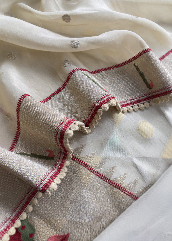 Luxe Cheeku Beige Handloom Self Tissue Silk Suit Fabric With Paithani Weaving