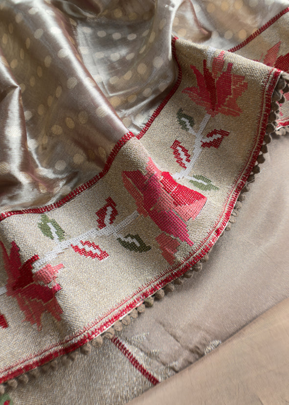 Luxe Golden Brown Handloom Self Tissue Silk Suit And Silk Dupatta With Paithani Weaving