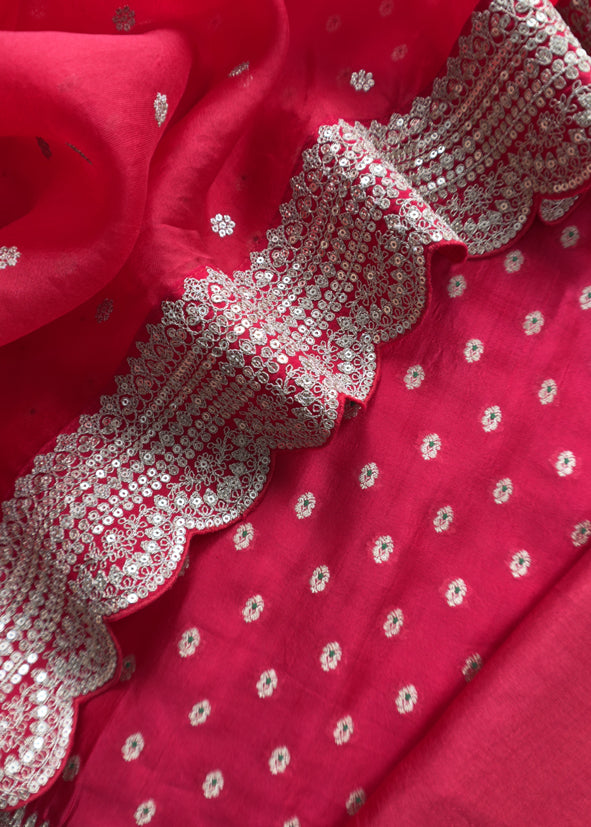 Shringar Red Handloom Luxurious Silk Suit With Meenakari Weaving And Dori embroidery