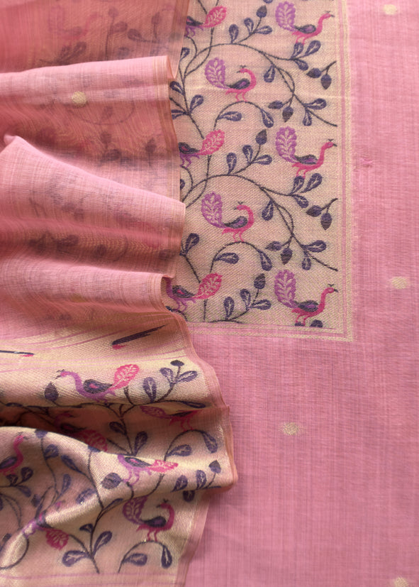 Taffy Pink Mor Paithani Style Jamdani weaving Suit in Linen Chanderi fabric