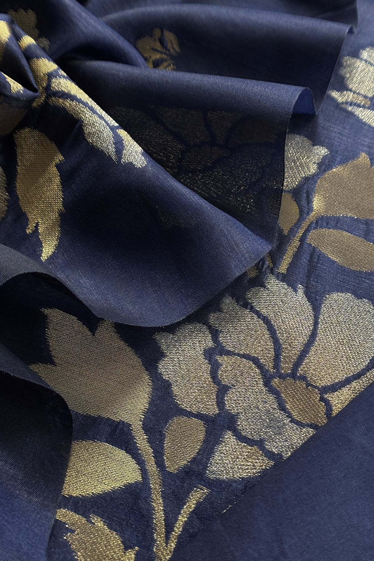 Navy Blue Silk Unstitched Suit With Gold Jamdani Weaving