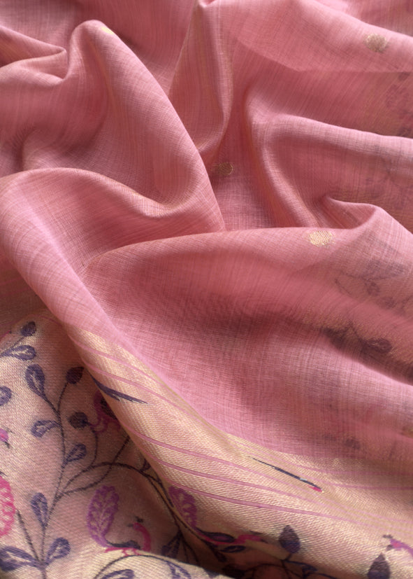 Taffy Pink Mor Paithani Style Jamdani weaving Suit in Linen Chanderi fabric