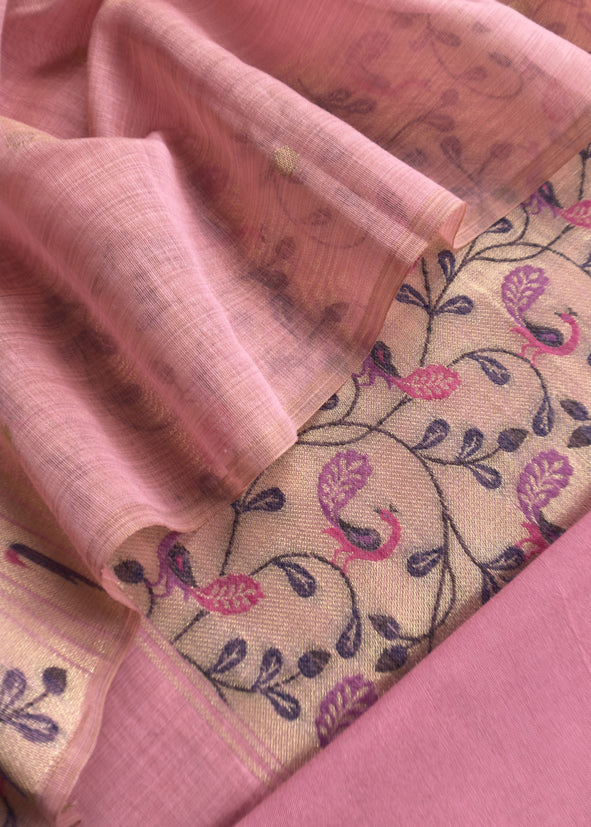 Taffy Pink Mor Paithani Style Jamdani weaving Suit in Linen Chanderi fabric
