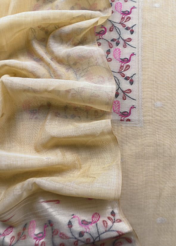 Light Blue Mor Paithani Style Jamdani weaving Suit in Linen Chanderi fabric