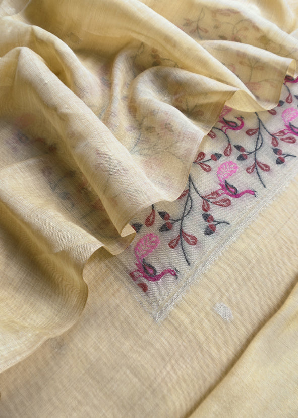 Light Blue Mor Paithani Style Jamdani weaving Suit in Linen Chanderi fabric