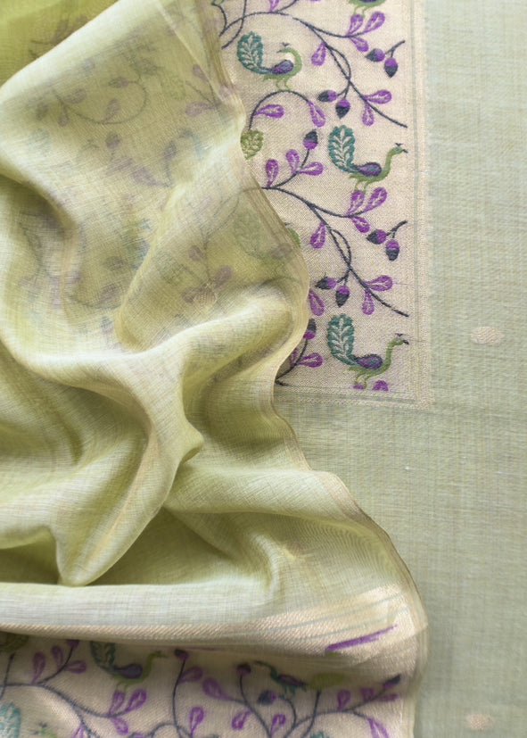 Green Paithani Style Jamdani weaving Suit in Linen Chanderi fabric