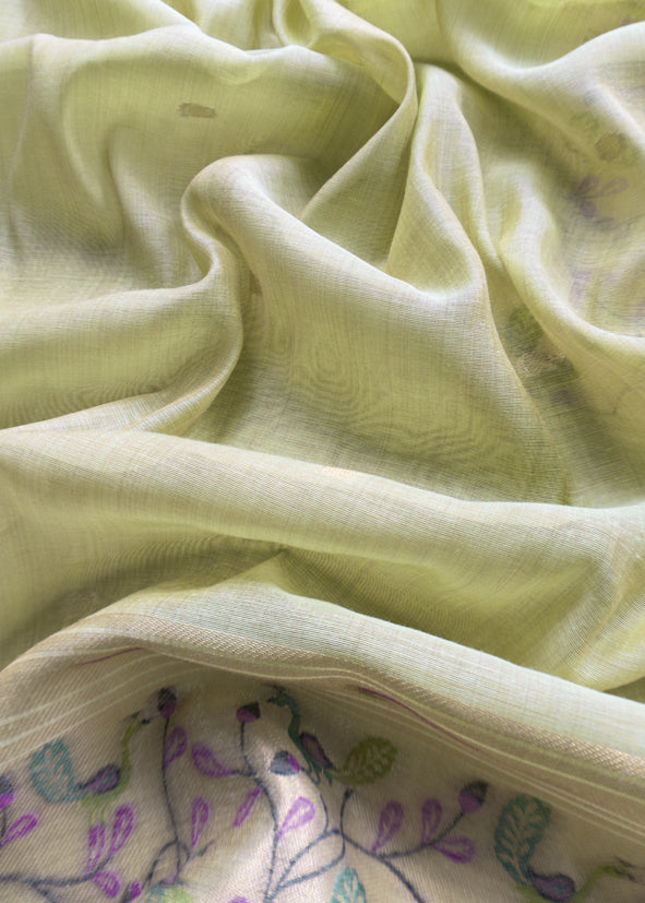 Green Paithani Style Jamdani weaving Suit in Linen Chanderi fabric