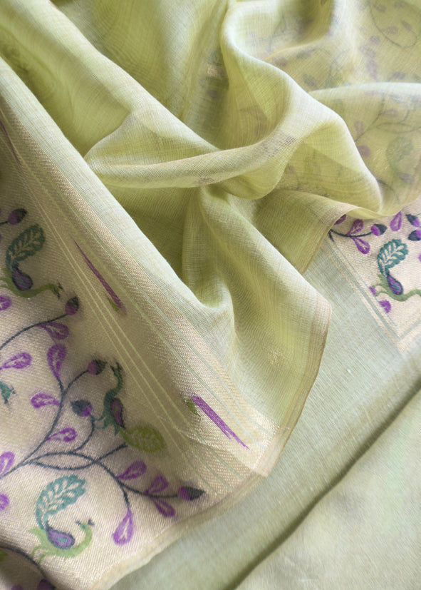 Green Paithani Style Jamdani weaving Suit in Linen Chanderi fabric