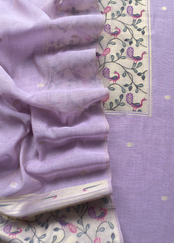 Lilac Mor Paithani Style Jamdani weaving Suit in Linen Chanderi fabric