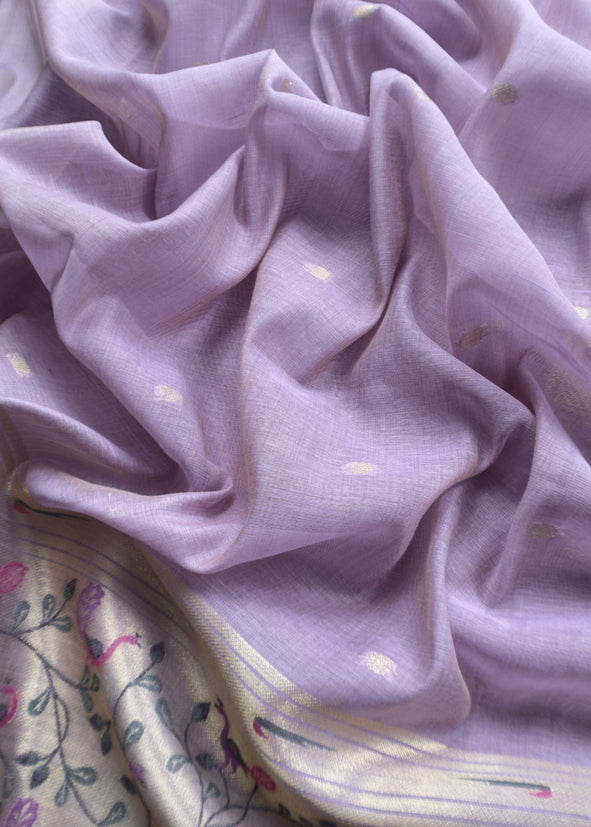 Lilac Mor Paithani Style Jamdani weaving Suit in Linen Chanderi fabric