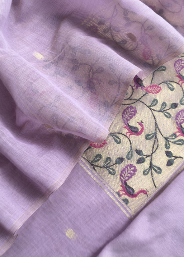 Lilac Mor Paithani Style Jamdani weaving Suit in Linen Chanderi fabric
