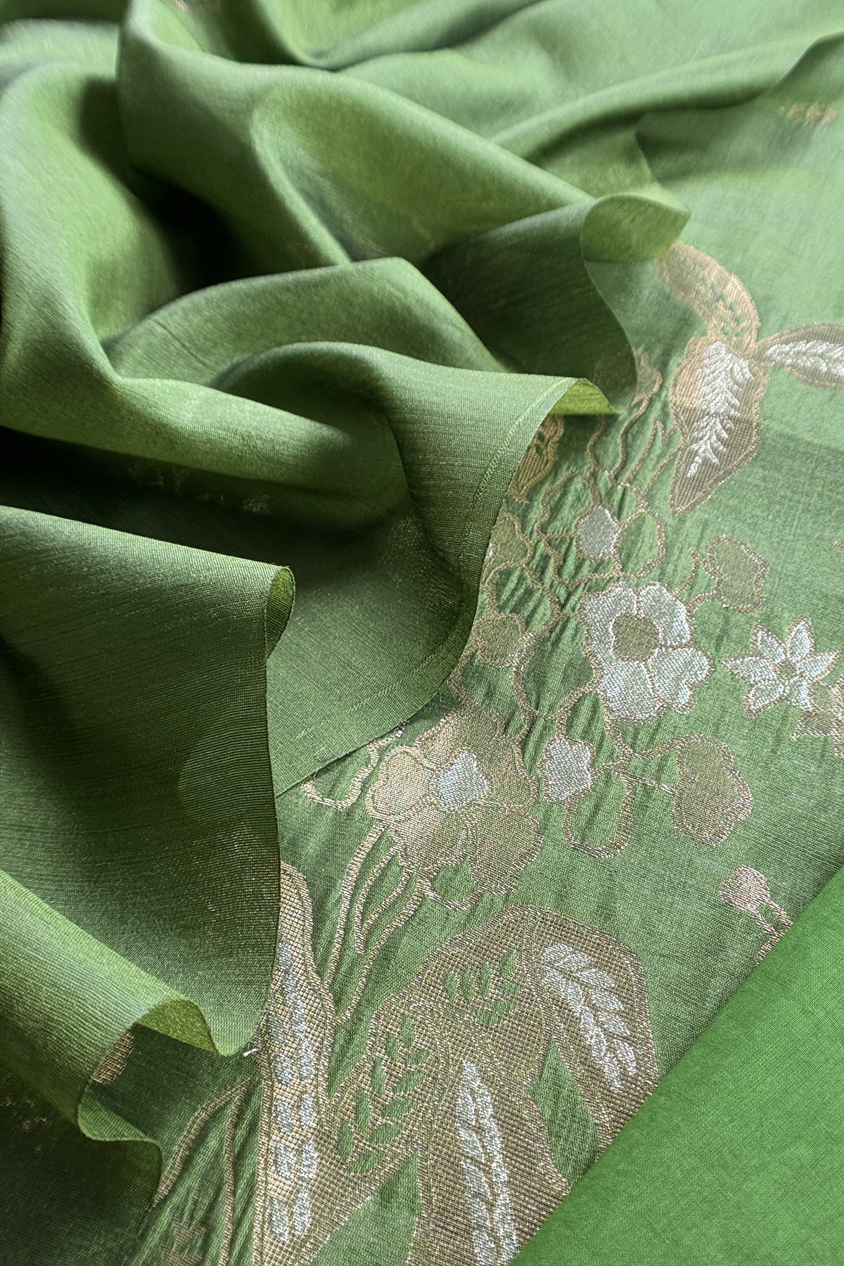 Green Silk Unstitched Suit With Gold Jamdani weaving
