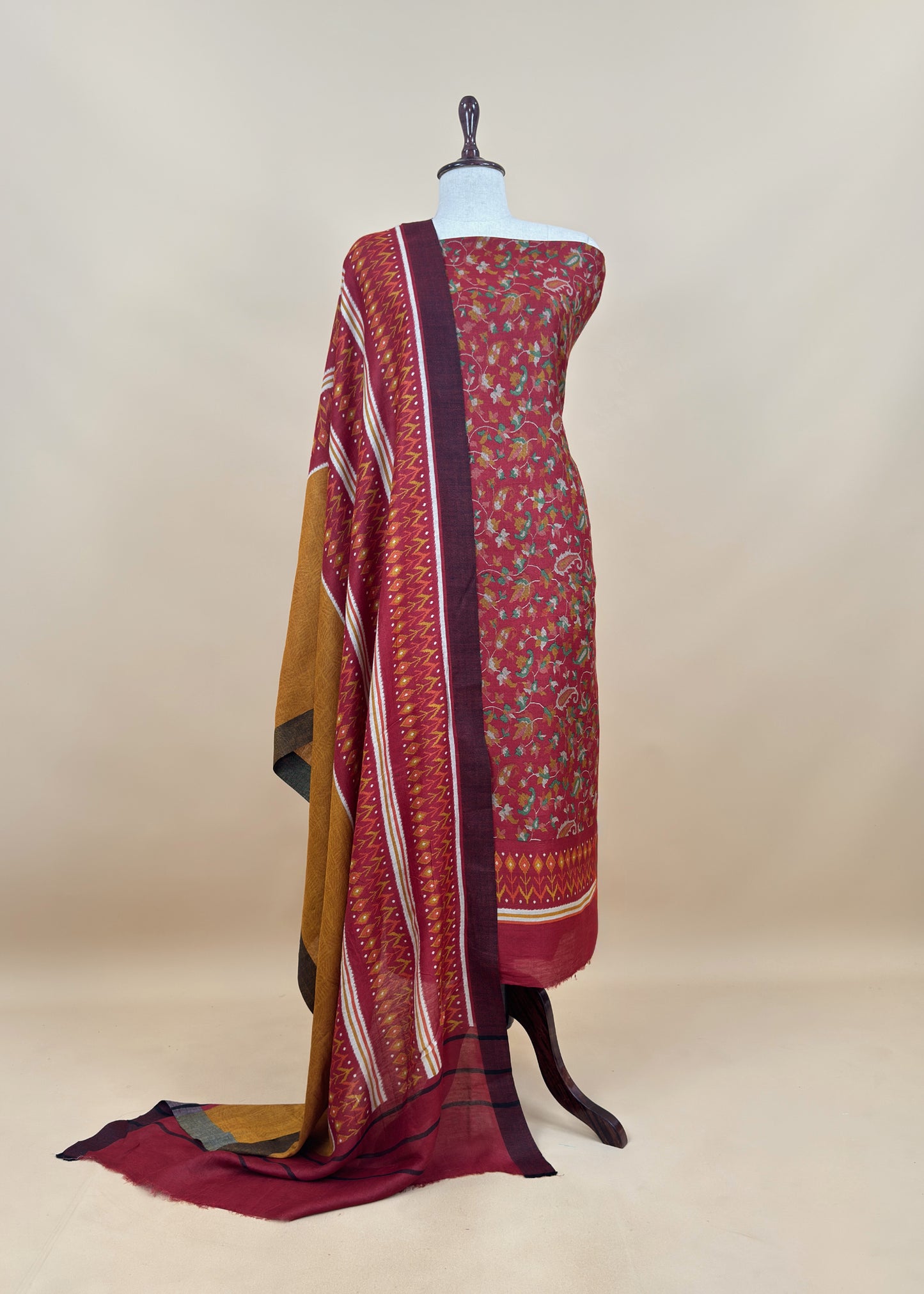 Rose Red Pure Pashmina Unstitched Dupatta-Suit With Kani Print