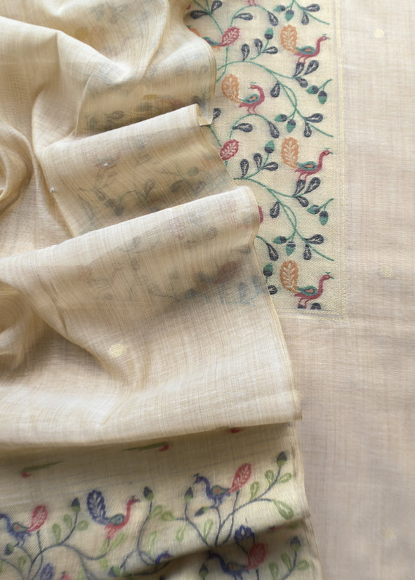 Beige Mor Paithani Style Jamdani weaving Suit in Linen Chanderi fabric