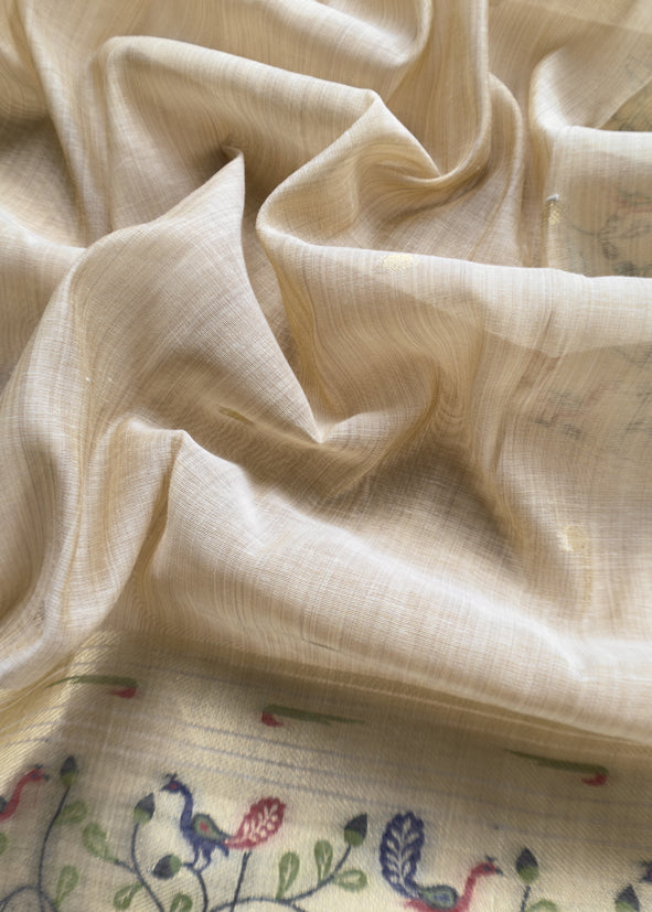 Beige Mor Paithani Style Jamdani weaving Suit in Linen Chanderi fabric