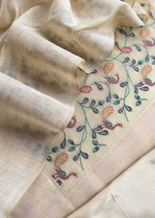 Beige Mor Paithani Style Jamdani weaving Suit in Linen Chanderi fabric