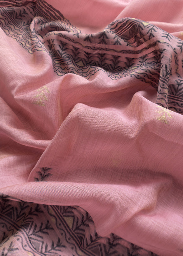 Pink Linen Chanderi Suit Fabric With Traditional Jamdani Weaving