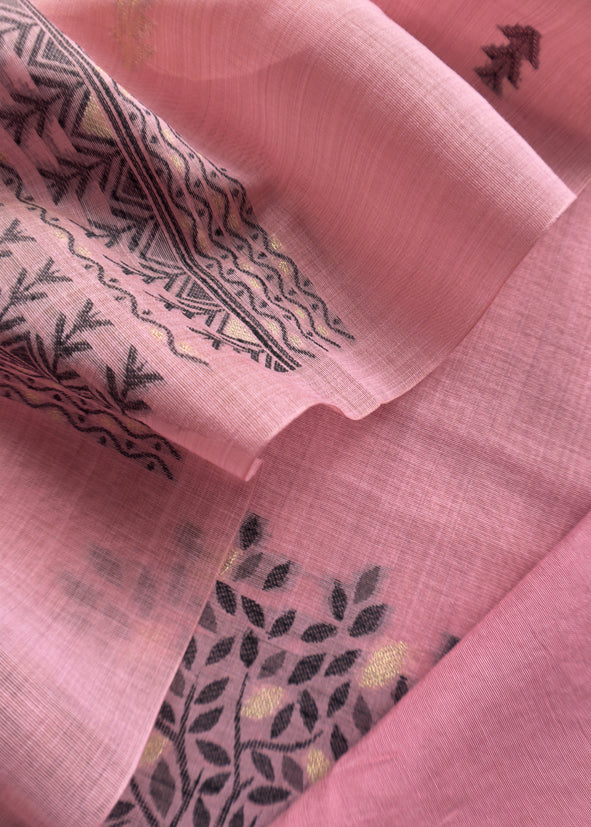Pink Linen Chanderi Suit Fabric With Traditional Jamdani Weaving