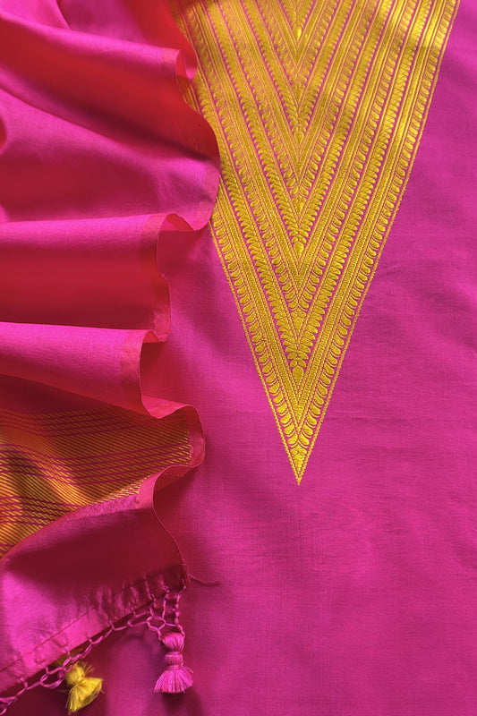 Pink Handloom Zari Weaving Silk Suit With Kora Dupatta