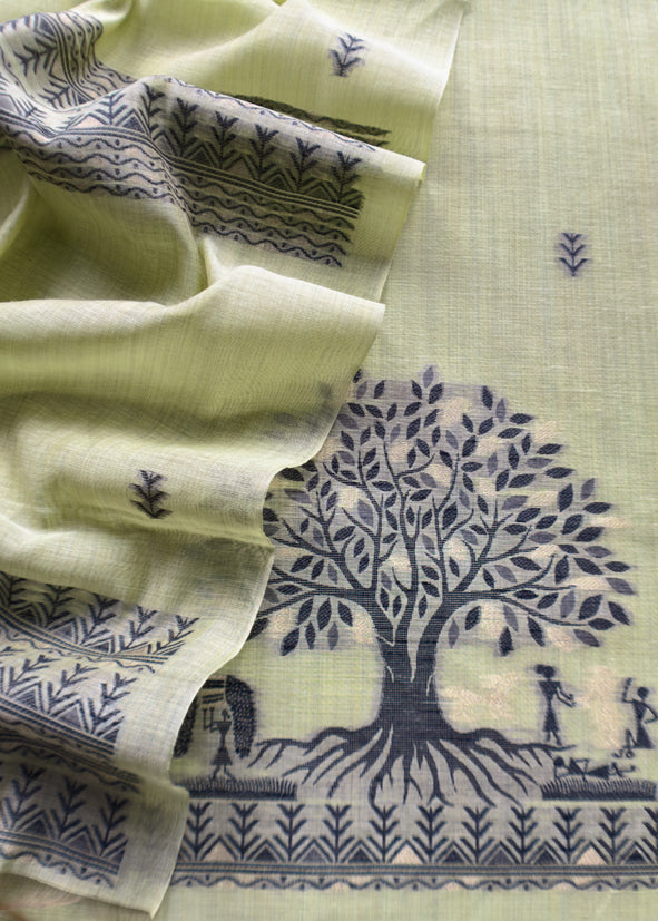 Apple Green Linen Chanderi Suit Fabric With Traditional Jamdani Weaving