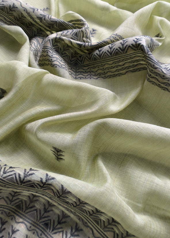 Apple Green Linen Chanderi Suit Fabric With Traditional Jamdani Weaving