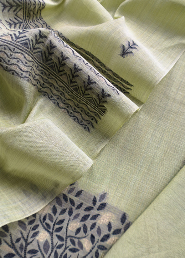 Apple Green Linen Chanderi Suit Fabric With Traditional Jamdani Weaving