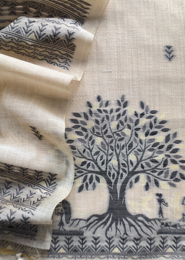 Beige Linen Chanderi Suit Fabric With Traditional Jamdani Weaving