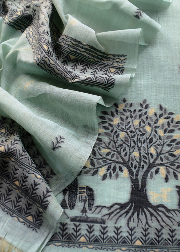 Light Blue Linen Chanderi Suit Fabric With Traditional Jamdani Weaving