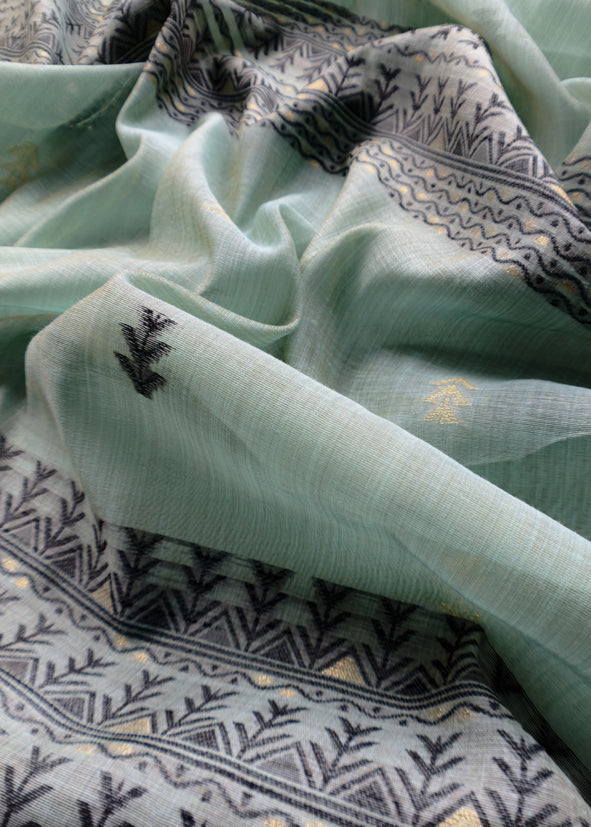 Light Blue Linen Chanderi Suit Fabric With Traditional Jamdani Weaving