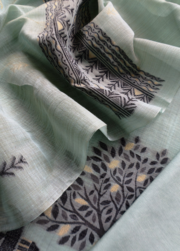Light Blue Linen Chanderi Suit Fabric With Traditional Jamdani Weaving