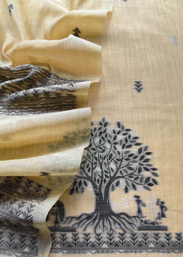 Yellow Linen Chanderi Suit Fabric With Traditional Jamdani Weaving