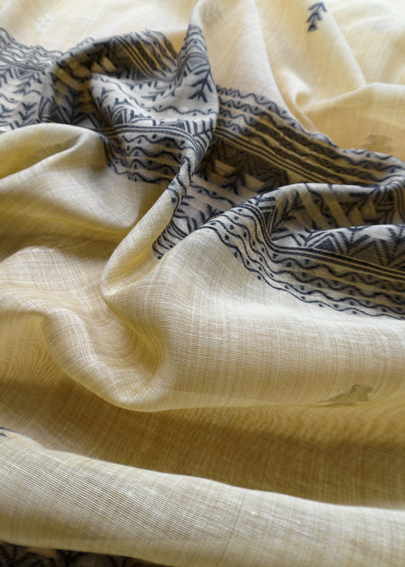 Yellow Linen Chanderi Suit Fabric With Traditional Jamdani Weaving
