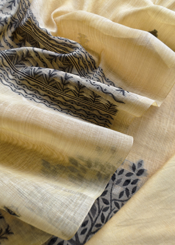 Yellow Linen Chanderi Suit Fabric With Traditional Jamdani Weaving