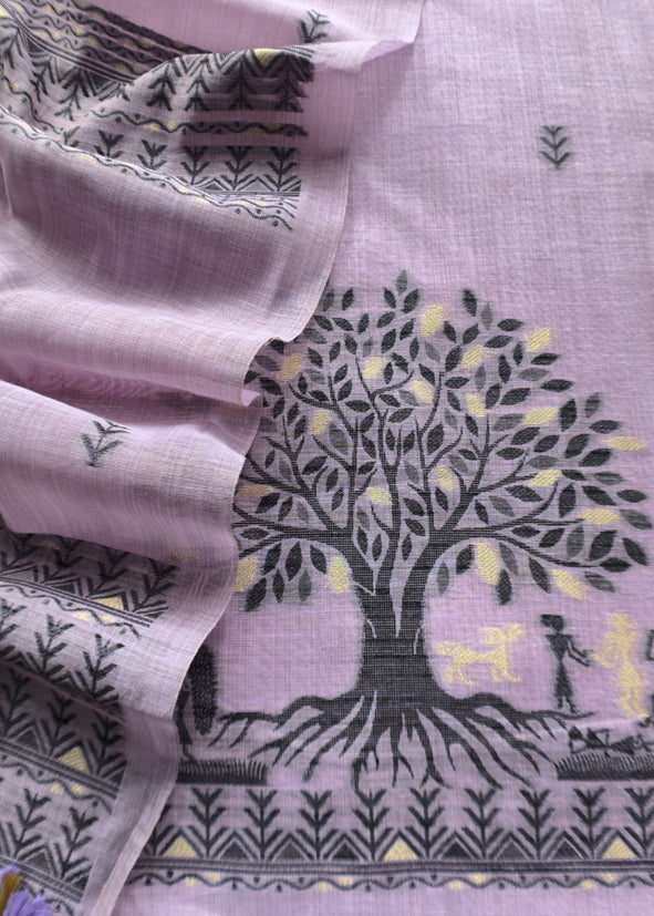 Lavender Linen Chanderi Suit Fabric With Traditional Jamdani Weaving