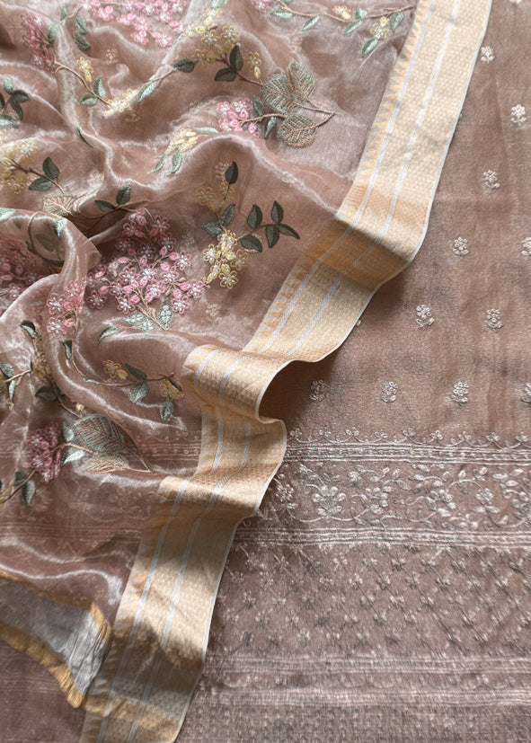 Luxe Cheeku Handloom Tissue Silk Suit Adorned With Gold Pitta Work And Resham Embroidery