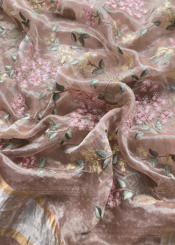 Luxe Cheeku Handloom Tissue Silk Suit Adorned With Gold Pitta Work And Resham Embroidery